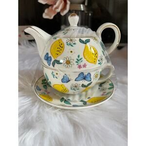 Grace's Teaware Lemons & Blue Butterflies Stacking Teapot & Teacup and Saucer